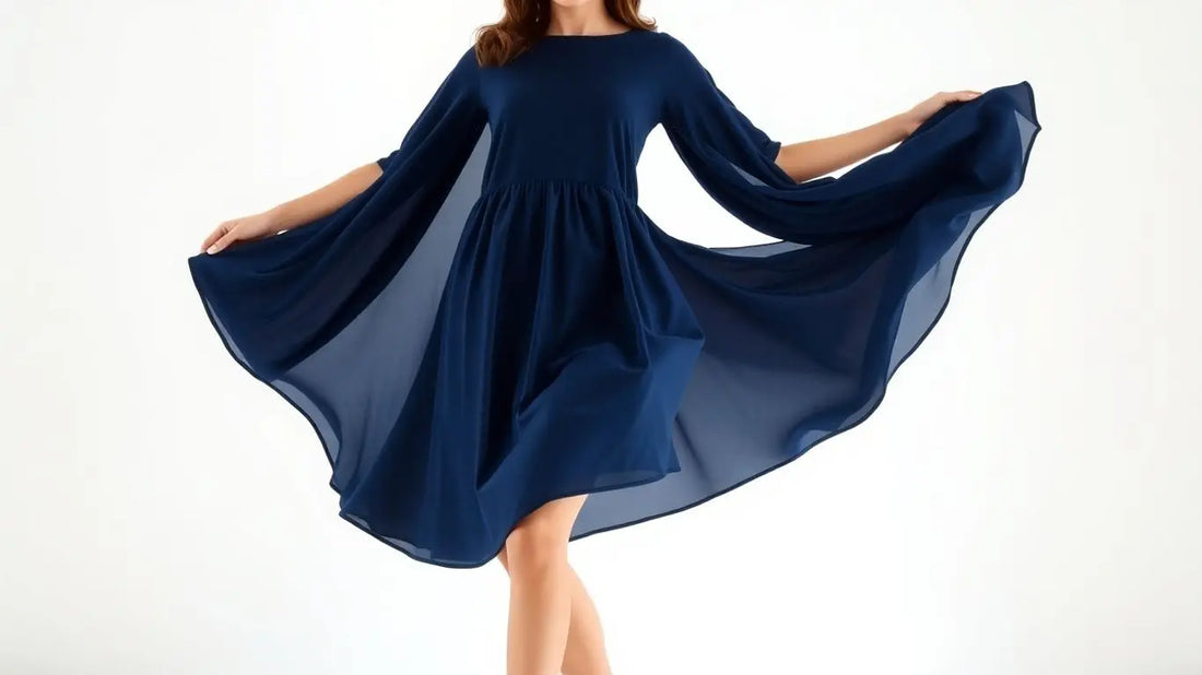 Woman in a flattering navy blue A-line dress.
