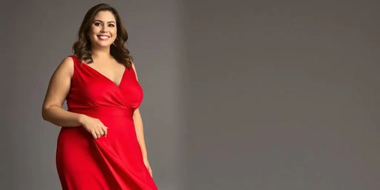 Plus size woman in a red dress.