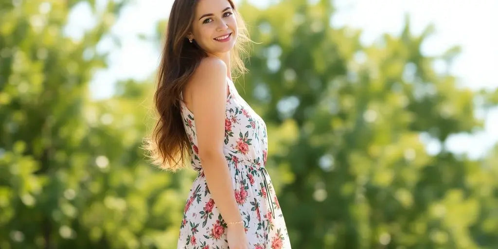 Woman in stylish Zara dress. Outdoor shot.