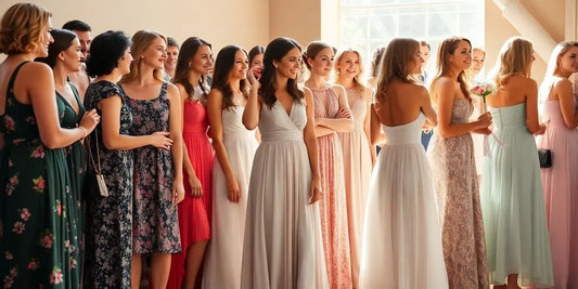 Diverse wedding guests in various stylish dresses.