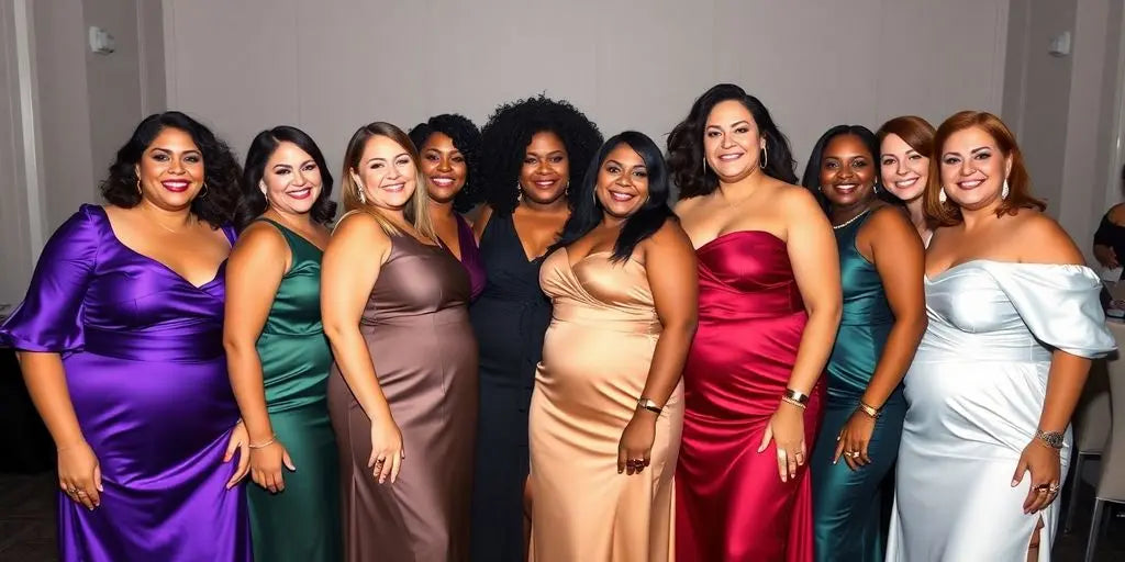 Plus-size women in stylish cocktail dresses.