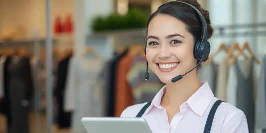 Customer service representative assisting a shopper.