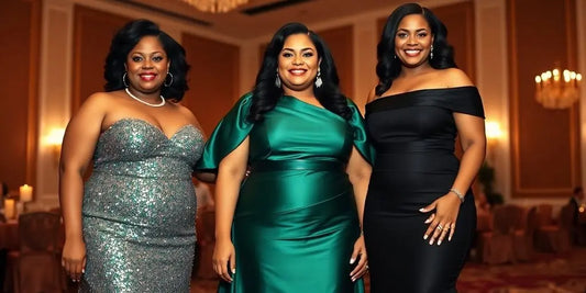 Three plus-size women wearing elegant, stunning formal dresses.