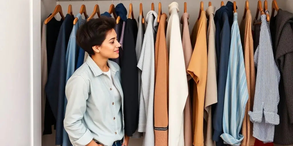 Person choosing casual attire from a wardrobe.