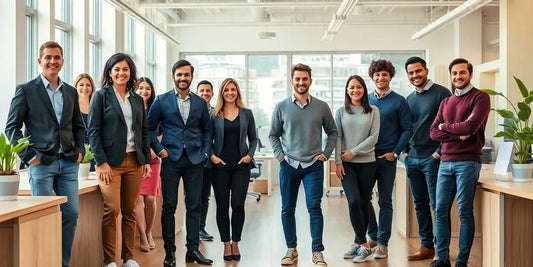 Diverse professionals in smart casual office attire.