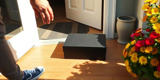 Delivery person’s hand reaching for black parcel on sunlit porch