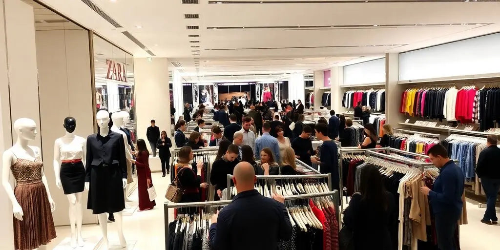 Mannequins, clothing racks, shoppers, modern architecture