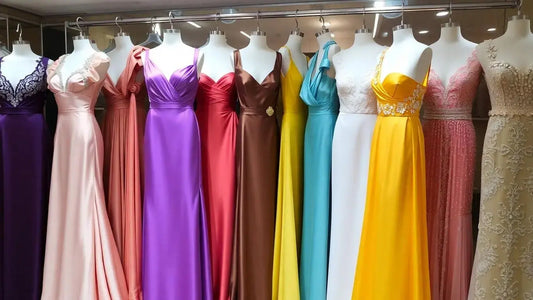 Elegant formal dresses in a boutique setting.