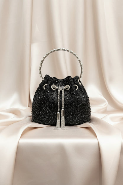 Rhinestone Evening Bucket Bag - Glam Crystal Handle Clutch