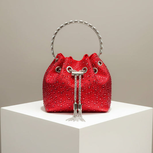 Rhinestone Evening Bucket Bag - Glam Crystal Handle Clutch