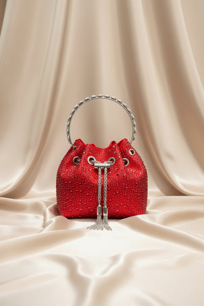Rhinestone Evening Bucket Bag - Glam Crystal Handle Clutch