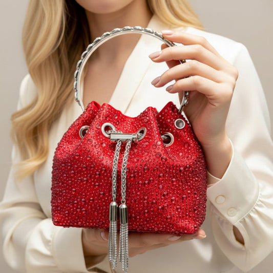 Rhinestone Evening Bucket Bag - Glam Crystal Handle Clutch