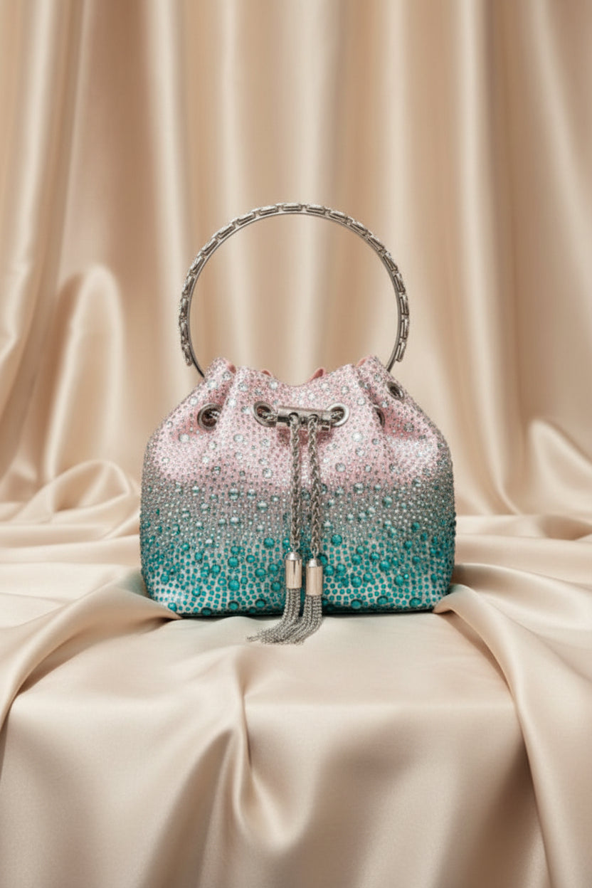 Rhinestone Evening Bucket Bag - Glam Crystal Handle Clutch