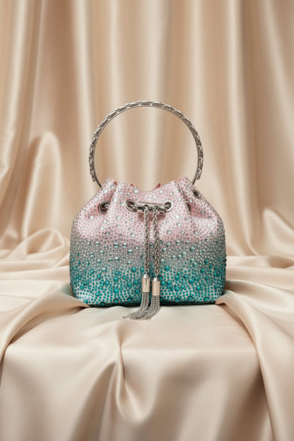 Rhinestone Evening Bucket Bag - Glam Crystal Handle Clutch