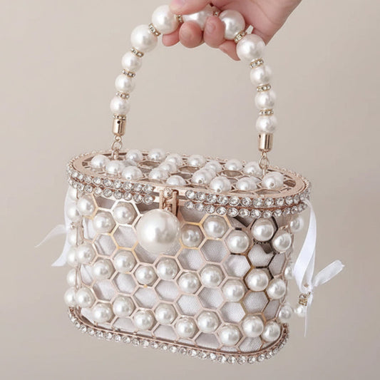 Luna Pearl Radiance Clutch – Elegant Metal Wedding & Evening Handbag