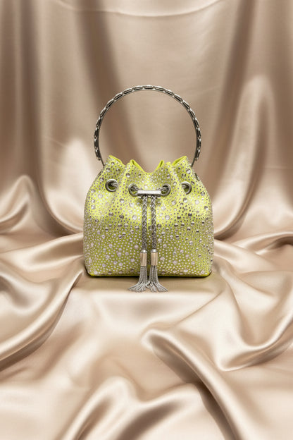 Rhinestone Evening Bucket Bag - Glam Crystal Handle Clutch