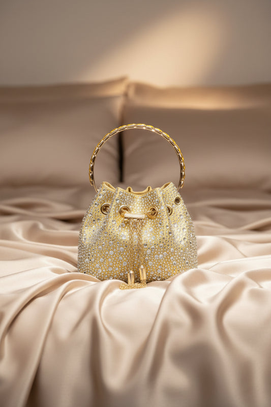 Rhinestone Evening Bucket Bag - Glam Crystal Handle Clutch