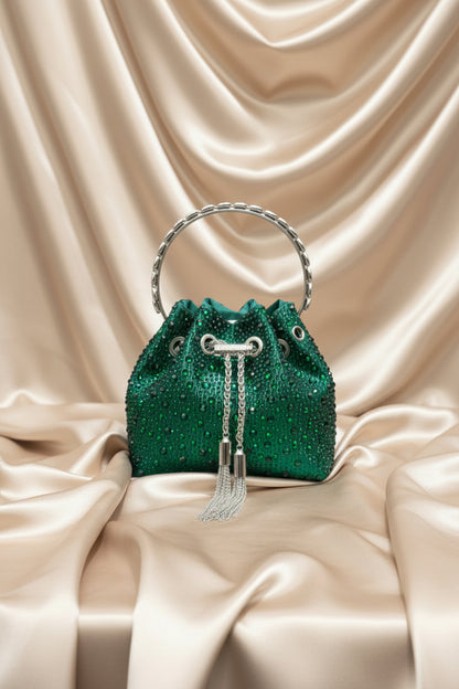 Rhinestone Evening Bucket Bag - Glam Crystal Handle Clutch