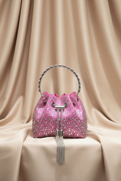 Rhinestone Evening Bucket Bag - Glam Crystal Handle Clutch