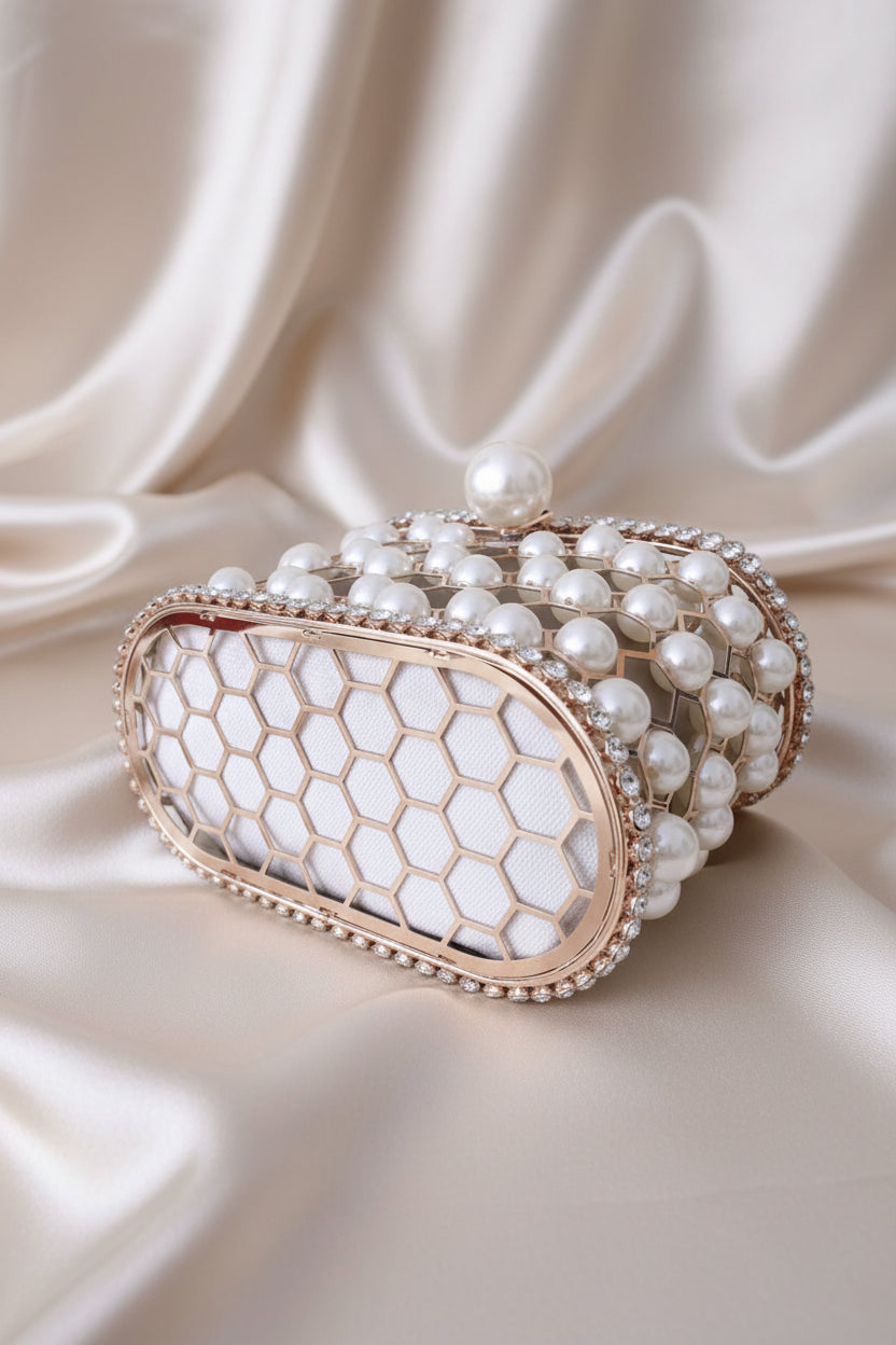 Luna Pearl Radiance Clutch – Elegant Metal Wedding & Evening Handbag