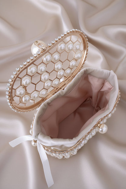 Luna Pearl Radiance Clutch – Elegant Metal Wedding & Evening Handbag