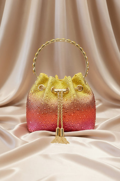 Rhinestone Evening Bucket Bag - Glam Crystal Handle Clutch
