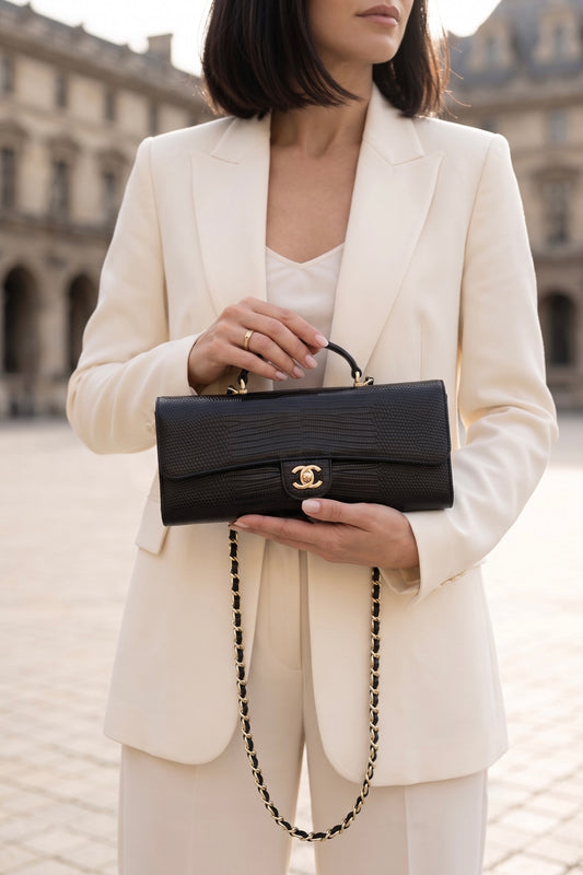 Lizard-embossed leather clutch
