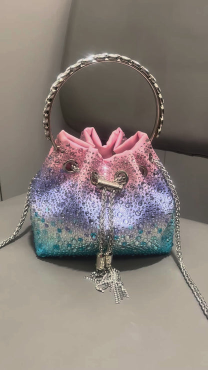 Rhinestone Evening Bucket Bag - Glam Crystal Handle Clutch